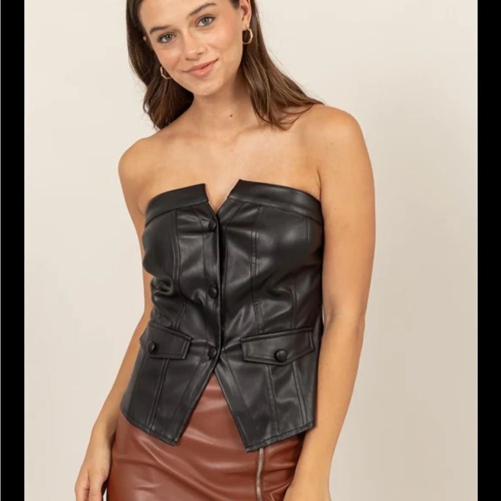 HYFVE black faux vegan leather strapless vest top button front large L - Picture 2 of 6